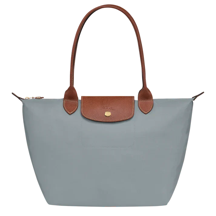 Longchamp medium Le Pliage tote, steel blue with tan leather handles and front flap
