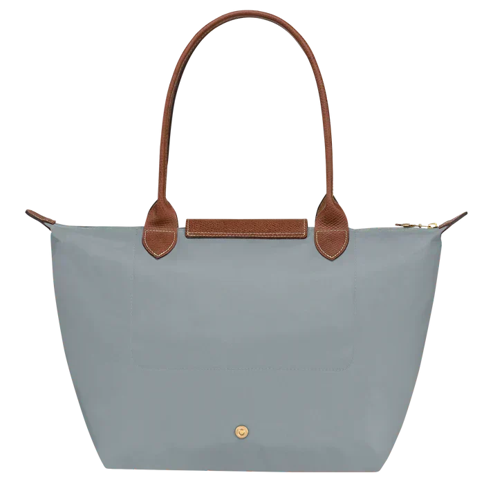 Longchamp medium Le Pliage tote, steel blue with tan leather top flap and handles
