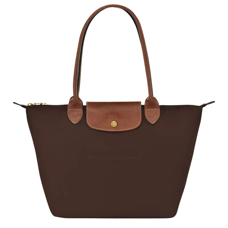 Longchamp medium Le Pliage tote bag in dark ebony, leather handles and front pocket
