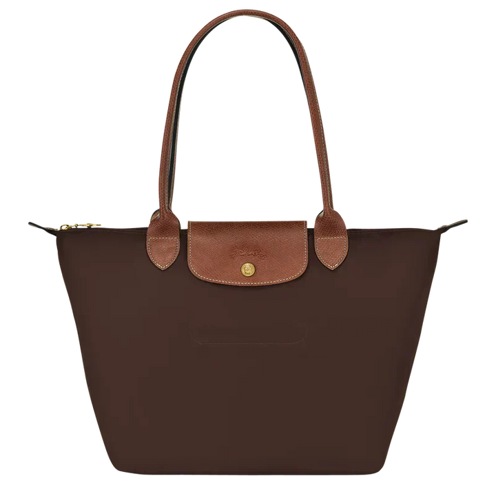 Longchamp medium Le Pliage tote bag in dark ebony, leather handles and front pocket