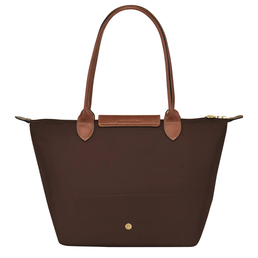 Longchamp medium tote bag with top handles, front flap pocket, gold-tone hardware