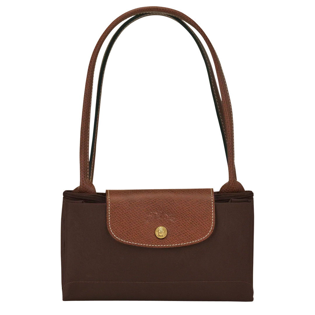 Longchamp medium tote with front flap closure, tan leather panel and gold button