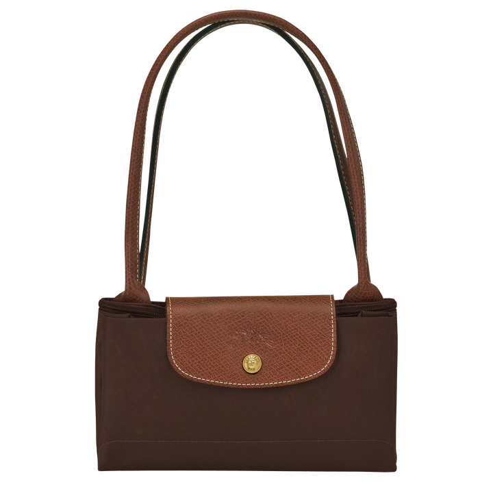 Longchamp medium tote with front flap closure, tan leather panel and gold button