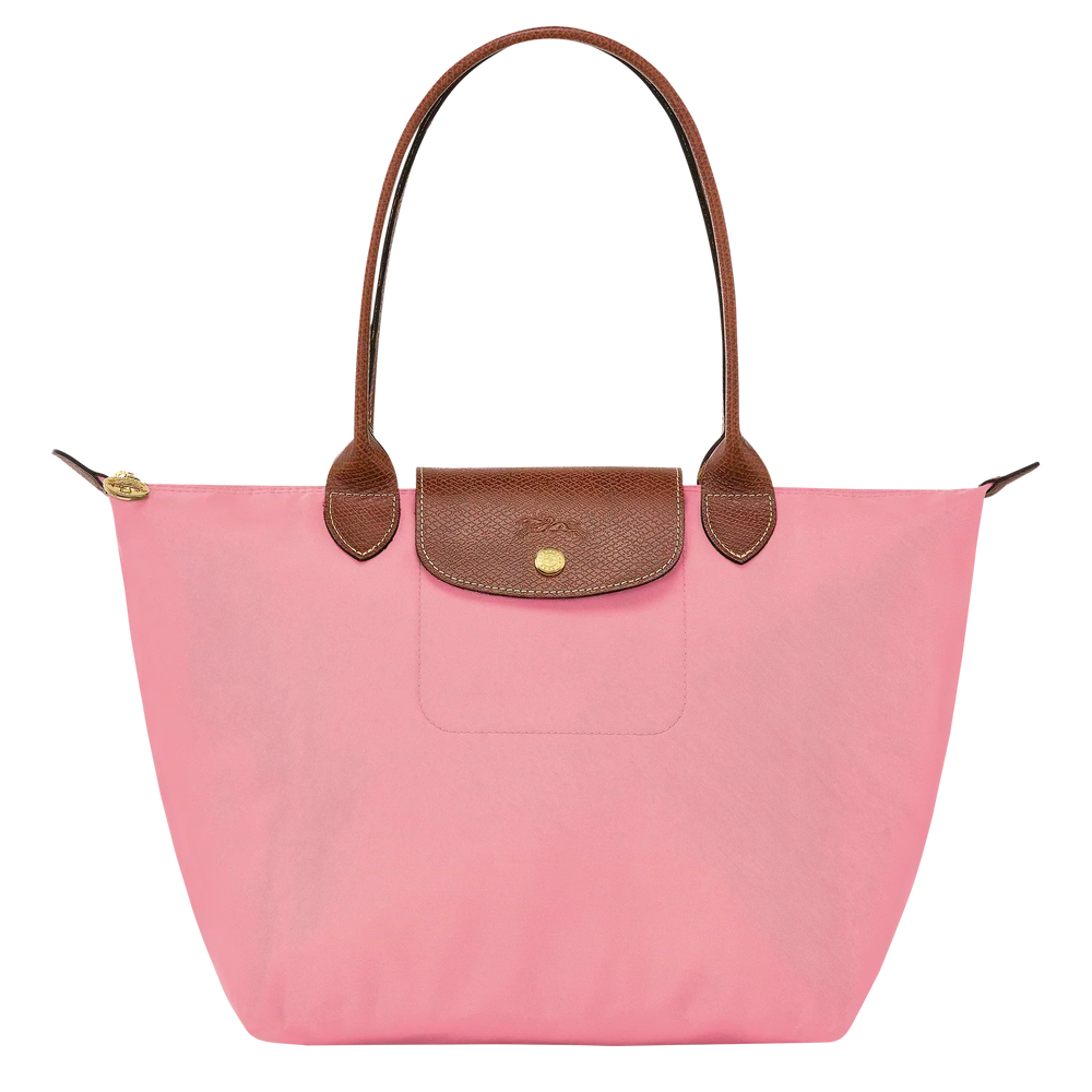 Longchamp Le Pliage medium tote, pink with brown leather handles and front flap pocket