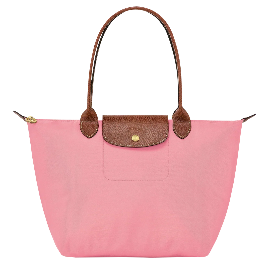 Longchamp Le Pliage medium tote, pink with brown leather handles and front flap pocket