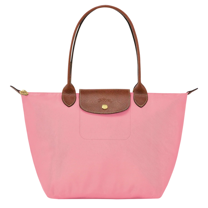 Longchamp Le Pliage medium tote, pink with brown leather handles and front flap pocket