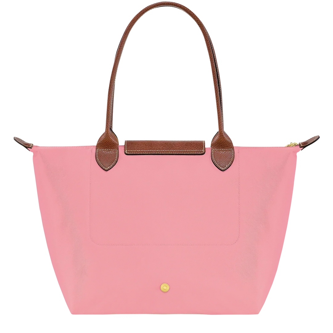 Longchamp Le Pliage medium tote, pink with brown top handle straps and front patch pocket