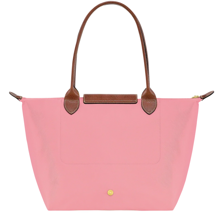 Longchamp Le Pliage medium tote, pink with brown top handle straps and front patch pocket