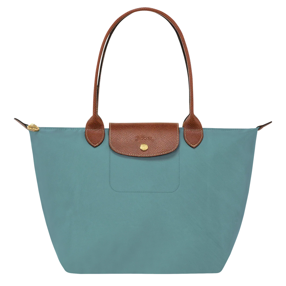 Longchamp Le Pliage medium tote in eucalyptus blue with leather trim and front pocket