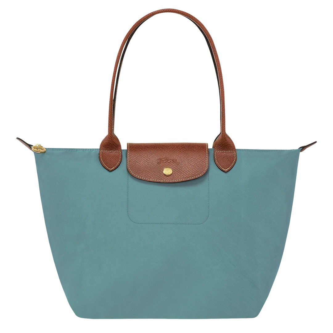 Longchamp Le Pliage medium tote in eucalyptus blue with leather trim and front pocket