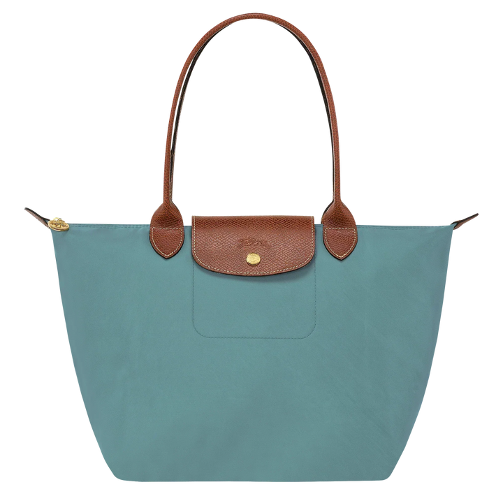Longchamp Le Pliage medium tote in eucalyptus blue with leather trim and front pocket