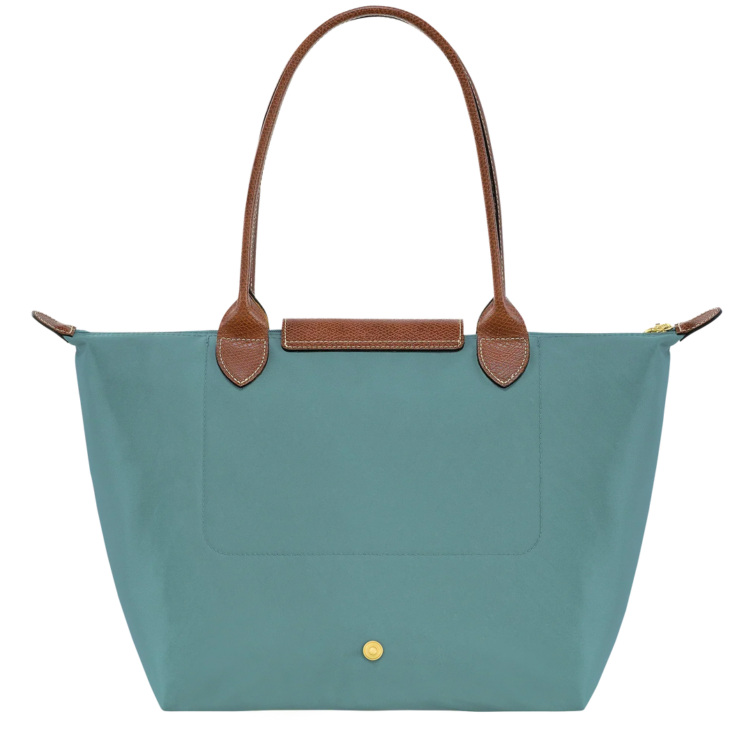 Longchamp Le Pliage medium tote, front view, eucalyptus blue with leather handle straps