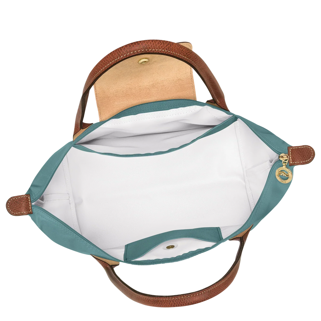 Longchamp Le Pliage medium tote open top, eucalyptus blue with white lined interior
