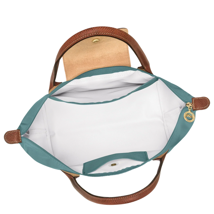 Longchamp Le Pliage medium tote open top, eucalyptus blue with white lined interior