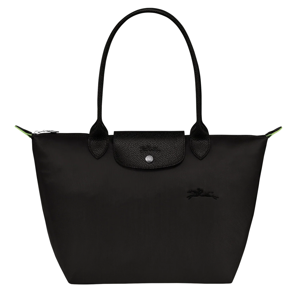 Longchamp medium Le Pliage tote in black with top handles and front zip pocket
