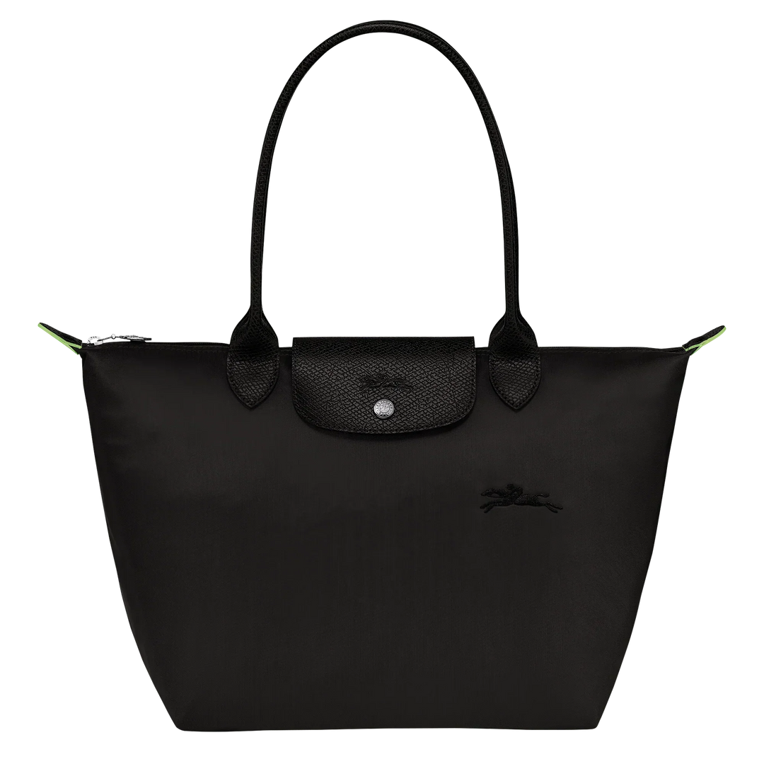 Longchamp medium Le Pliage tote in black with top handles and front zip pocket