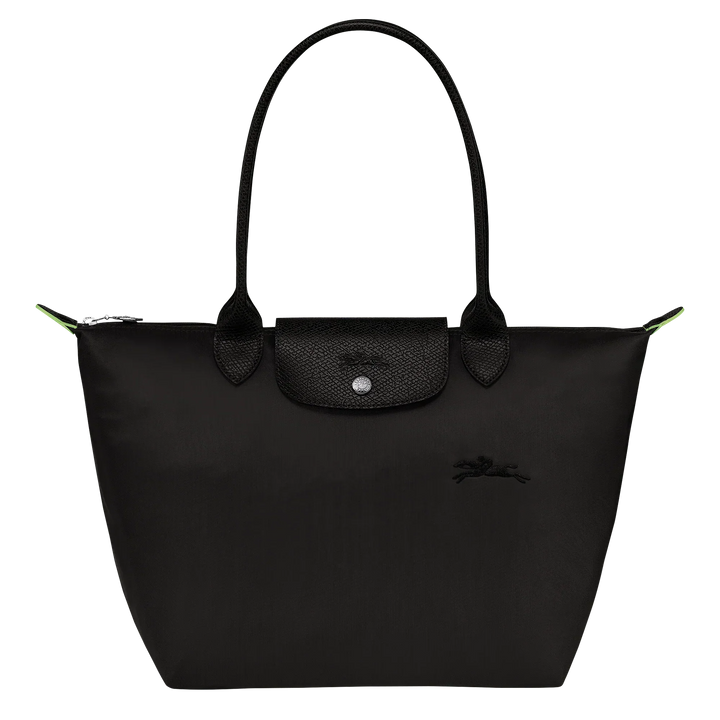 Longchamp medium Le Pliage tote in black with top handles and front zip pocket