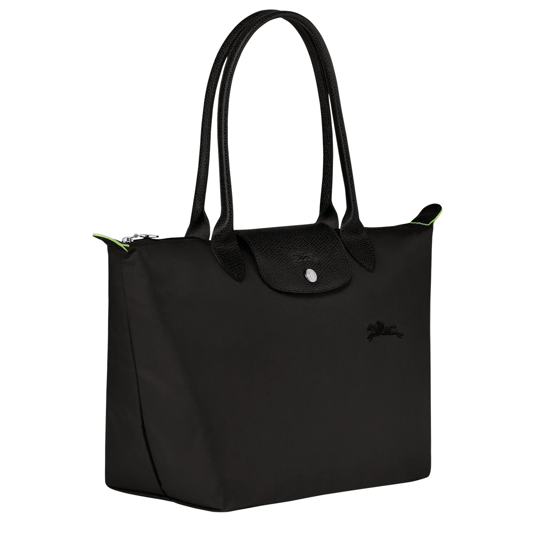 Longchamp medium Le Pliage tote, black, front view with snap pocket and handles