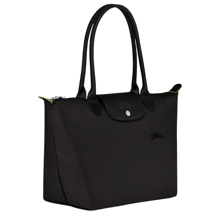 Longchamp medium Le Pliage tote, black, front view with snap pocket and handles