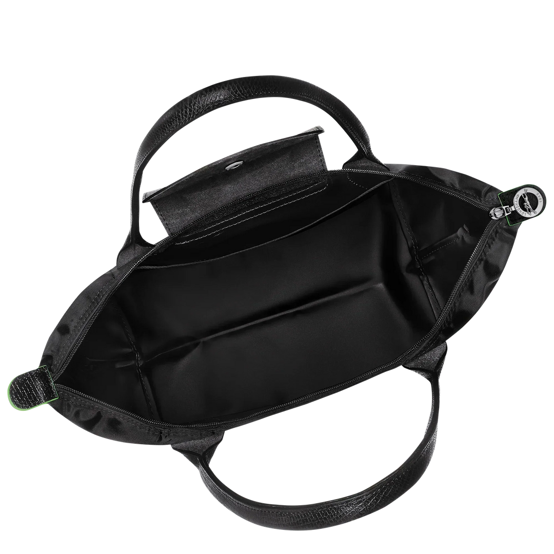 Longchamp medium Le Pliage tote, black, open top showing interior compartment