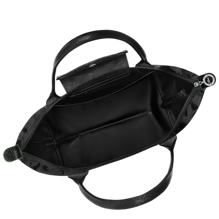 Longchamp medium Le Pliage tote, black, open top showing interior compartment