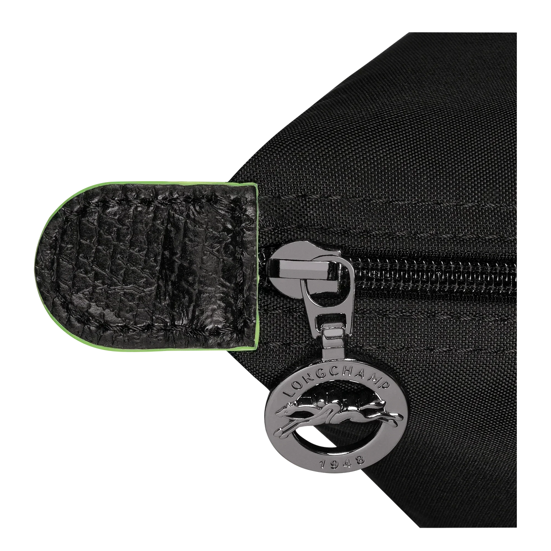 Longchamp Le Pliage tote zipper pull and inner tab detail in black