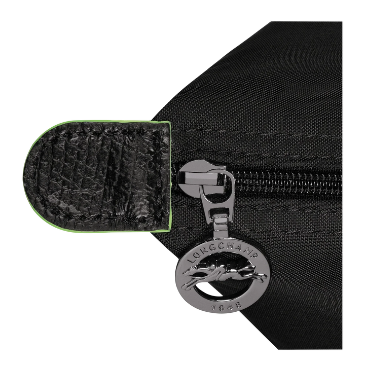 Longchamp Le Pliage tote zipper pull and inner tab detail in black