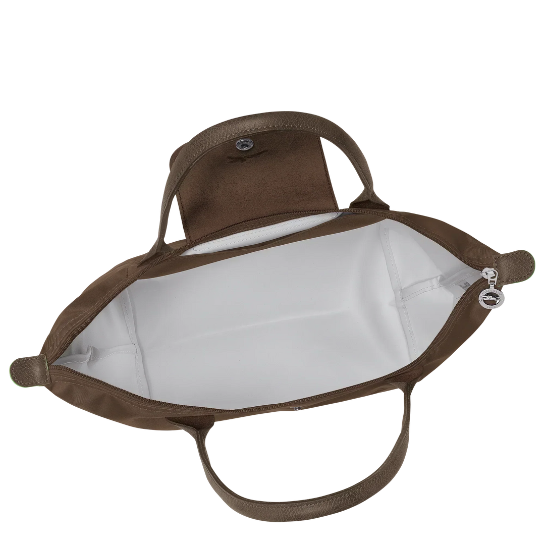 Longchamp Medium Le Pliage tote open top in terra brown with white fabric lining