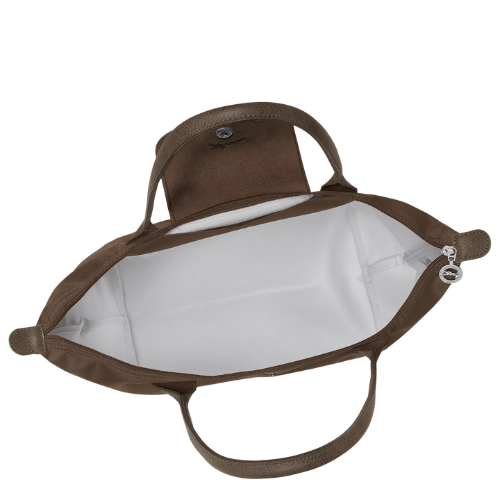 Longchamp Medium Le Pliage tote open top in terra brown with white fabric lining