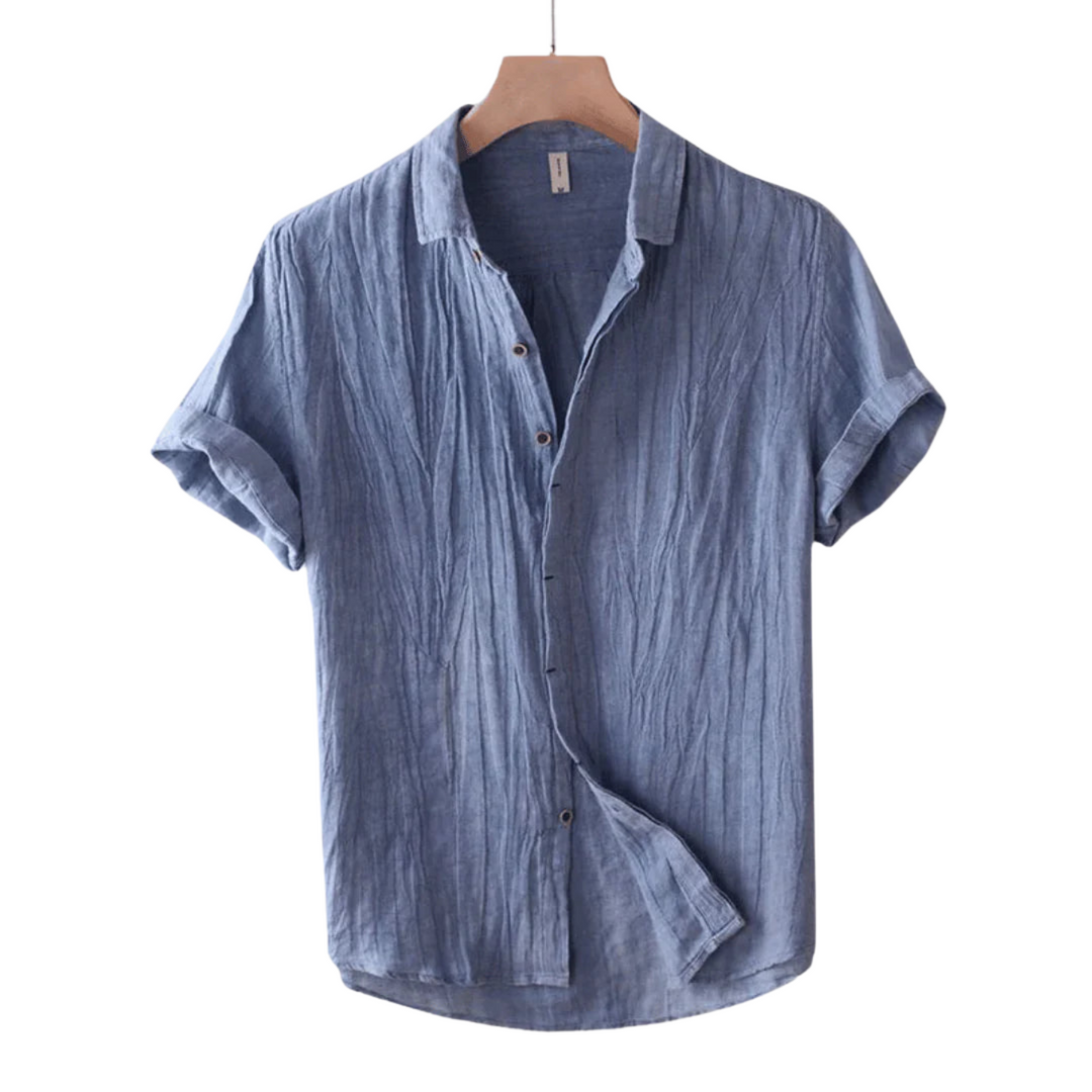 Blue short-sleeve button-up shirt with point collar and vertical seam texture