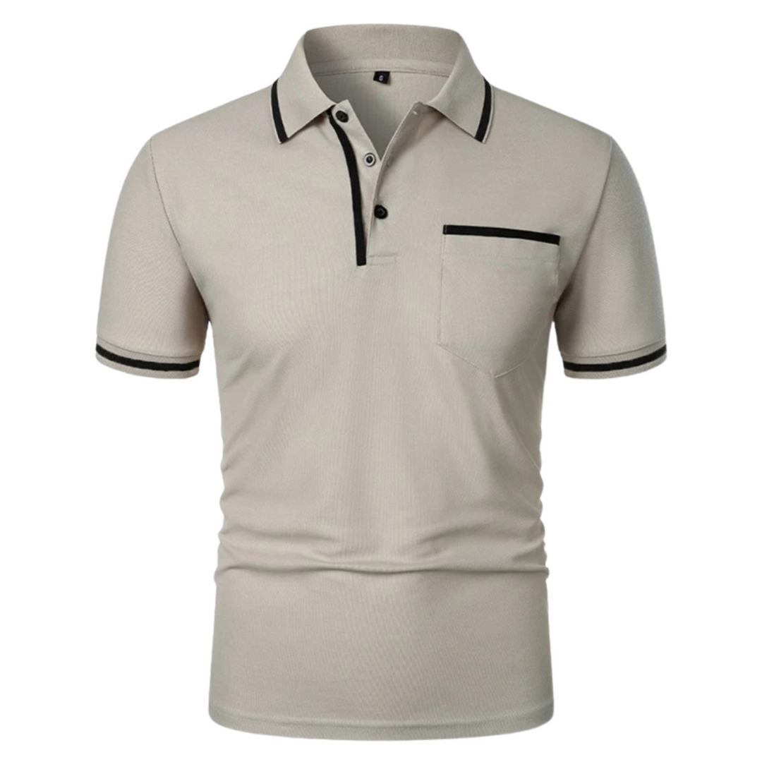 Light gray short-sleeve polo shirt with black trim, button placket, and chest pocket.
