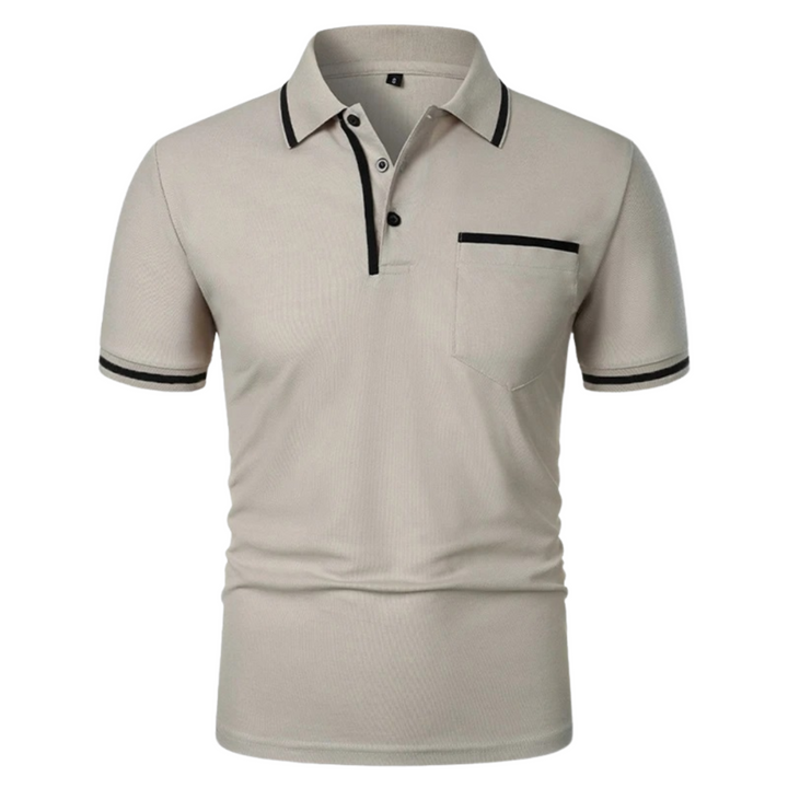 Light gray short-sleeve polo shirt with black trim, button placket, and chest pocket.