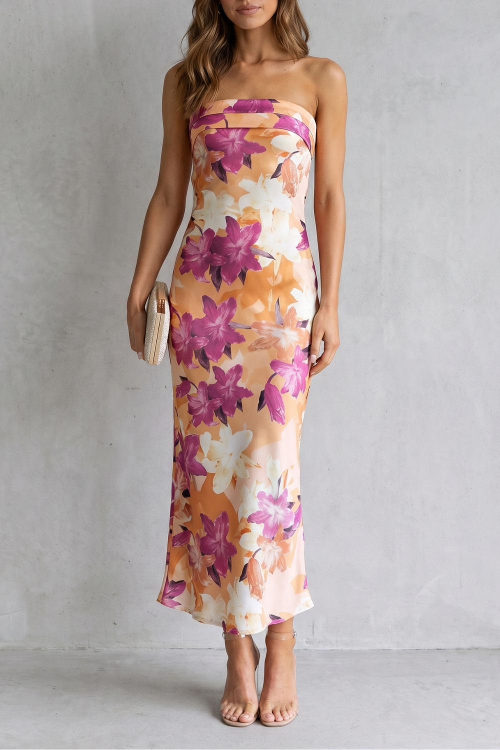 Pink strapless floral maxi dress with fitted bodice and column skirt