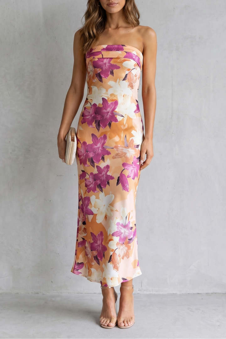 Pink strapless floral maxi dress with fitted bodice and column skirt