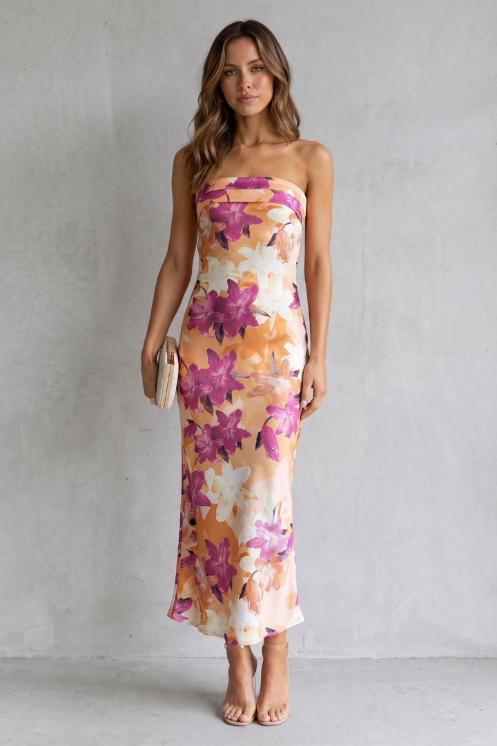 Pink strapless floral maxi dress, full length, fitted bodice and straight skirt