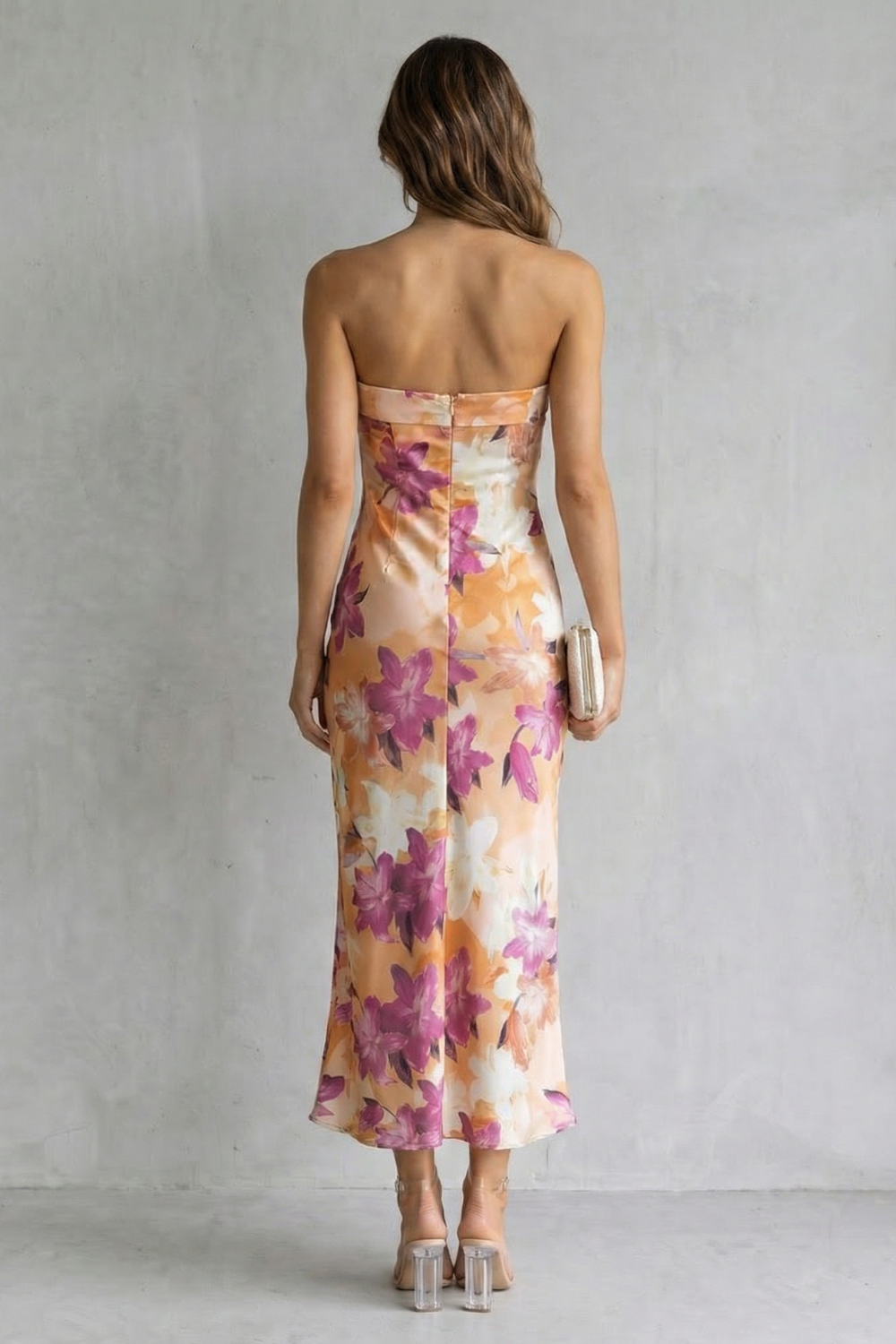 Pink strapless floral maxi dress, back view, central back seam and column skirt