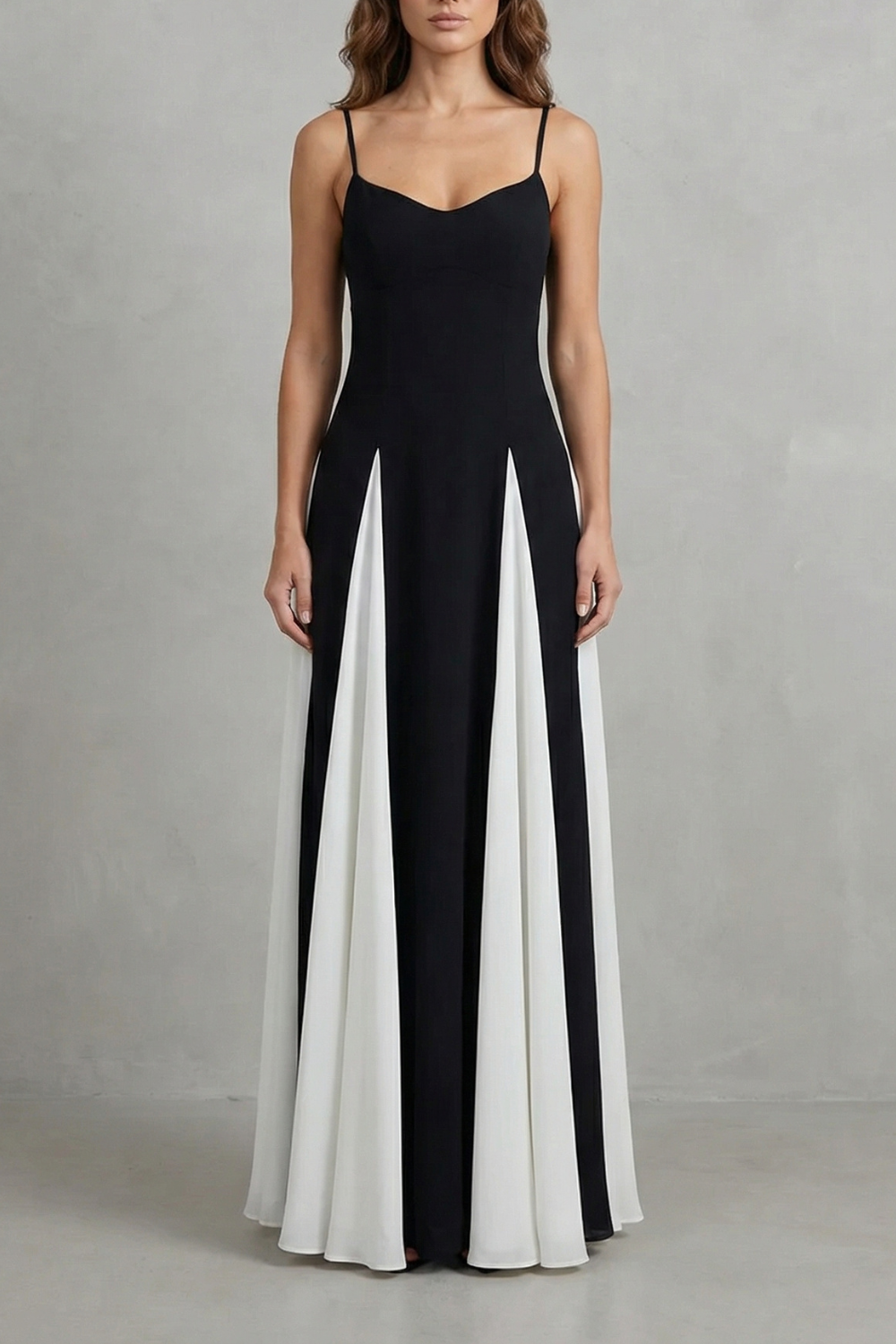 Contrast maxi dress with spaghetti straps, sweetheart neckline; black with white panels