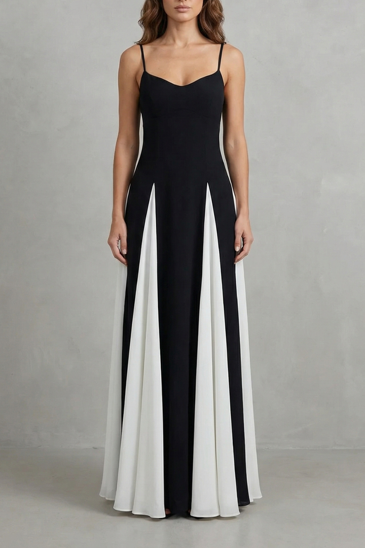 Contrast maxi dress with spaghetti straps, sweetheart neckline; black with white panels