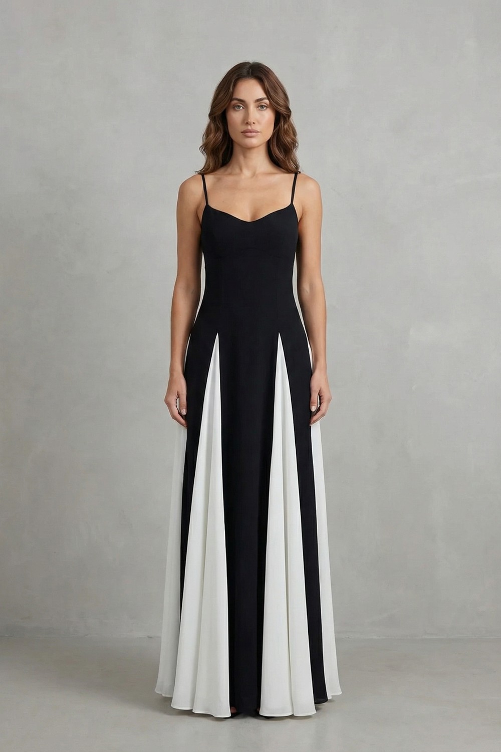 Contrast maxi dress with spaghetti straps and sweetheart neckline; black with vertical white panels