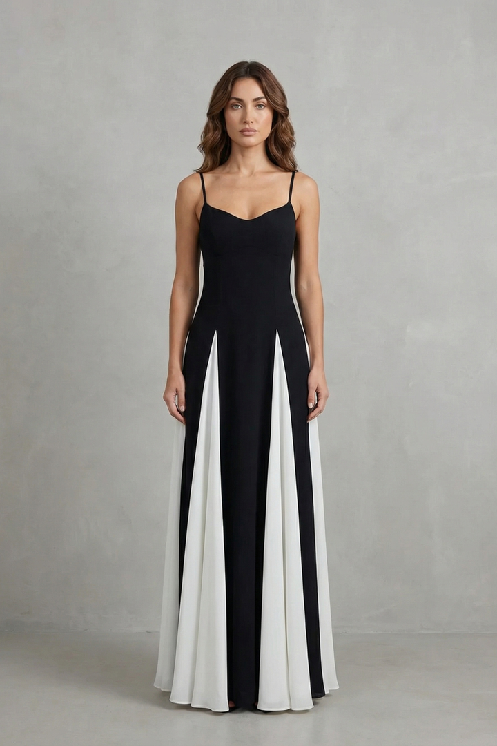 Contrast maxi dress with spaghetti straps and sweetheart neckline; black with vertical white panels