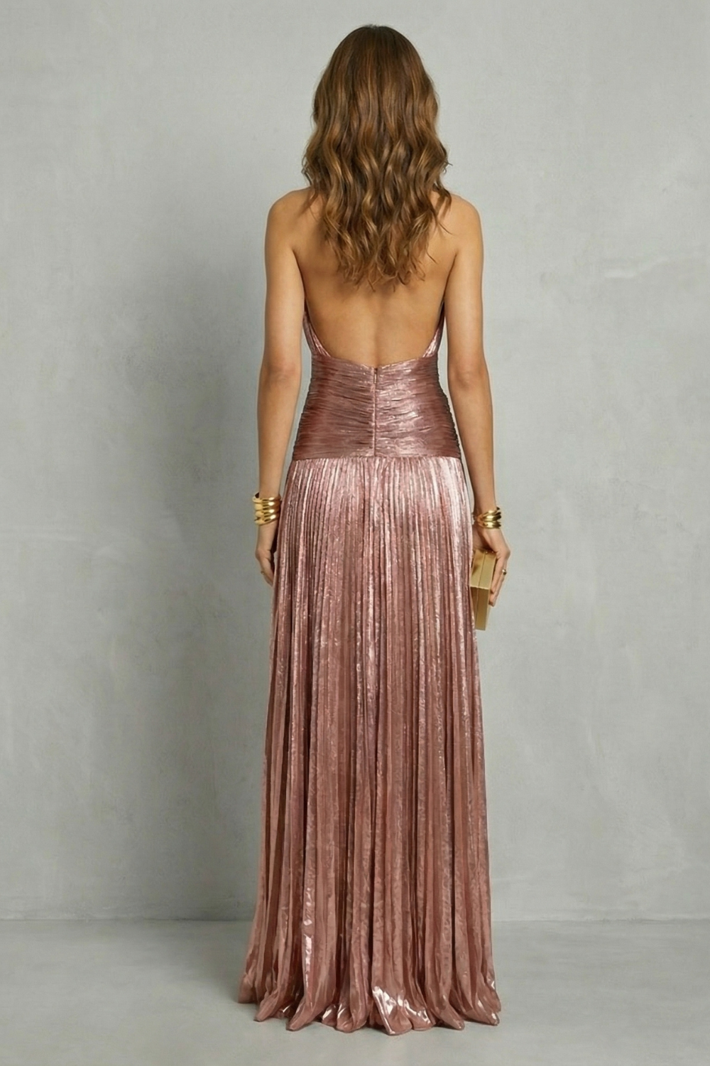 Metallic halter maxi dress, pink, open back and ruched waist with slit