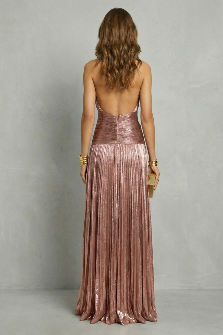 Metallic halter maxi dress, pink, open back and ruched waist with slit
