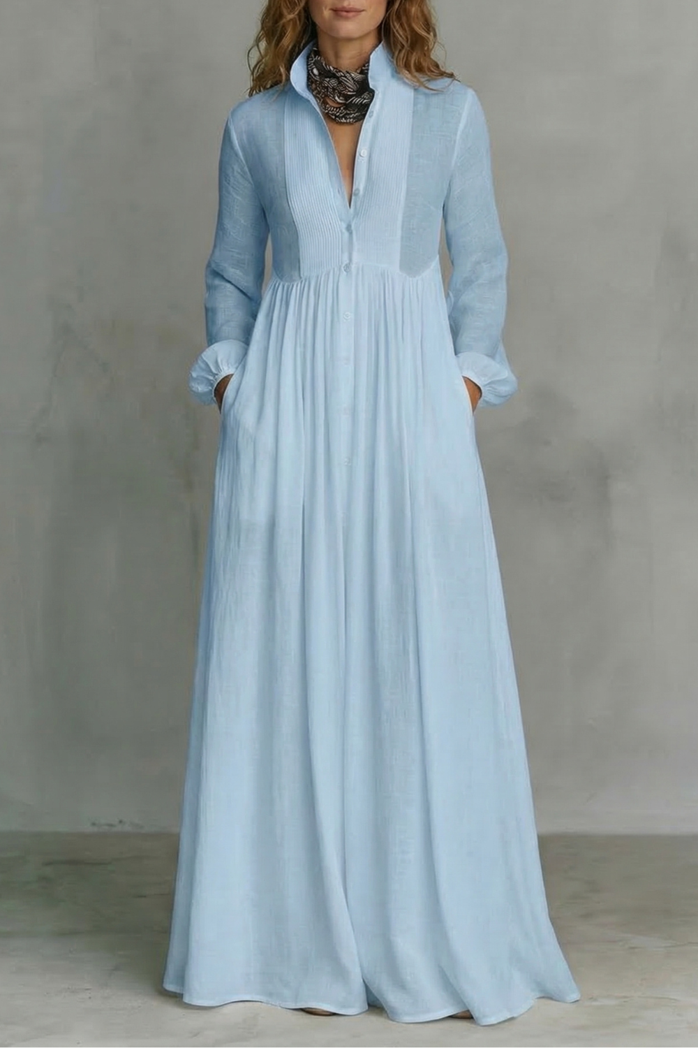 Light blue maxi dress with mandarin collar, button-front, long sleeves, gathered skirt