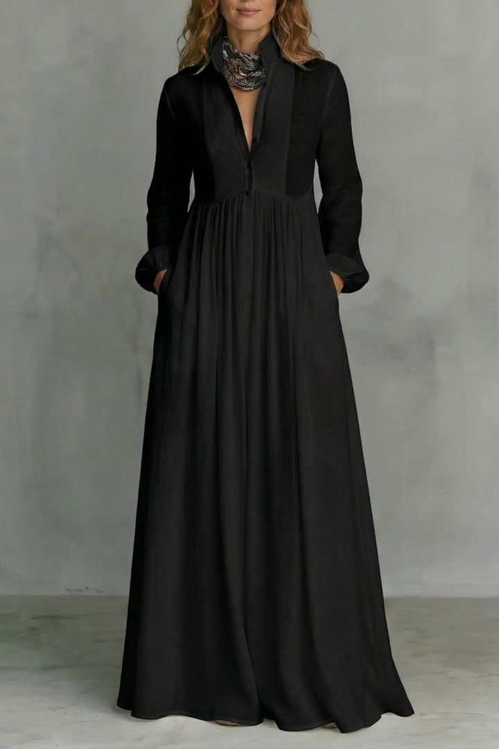 Black maxi dress with mandarin collar, button-front, long sleeves, gathered waist