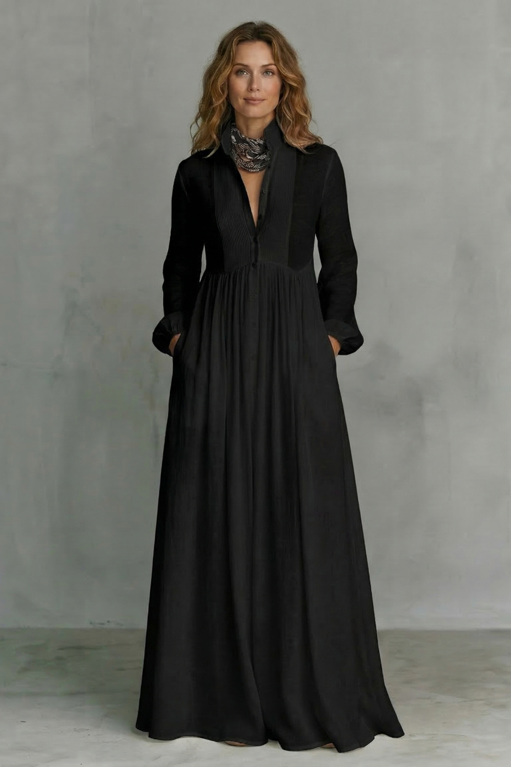 Black mandarin-collar button-front maxi dress with long sleeves and full skirt