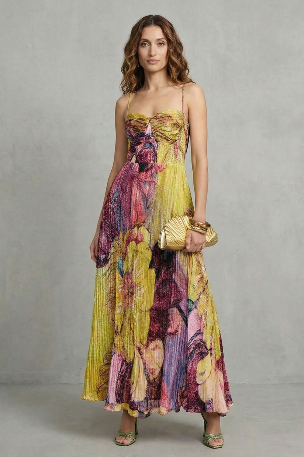 Multicolor floral pleated maxi dress with fitted bodice and spaghetti straps