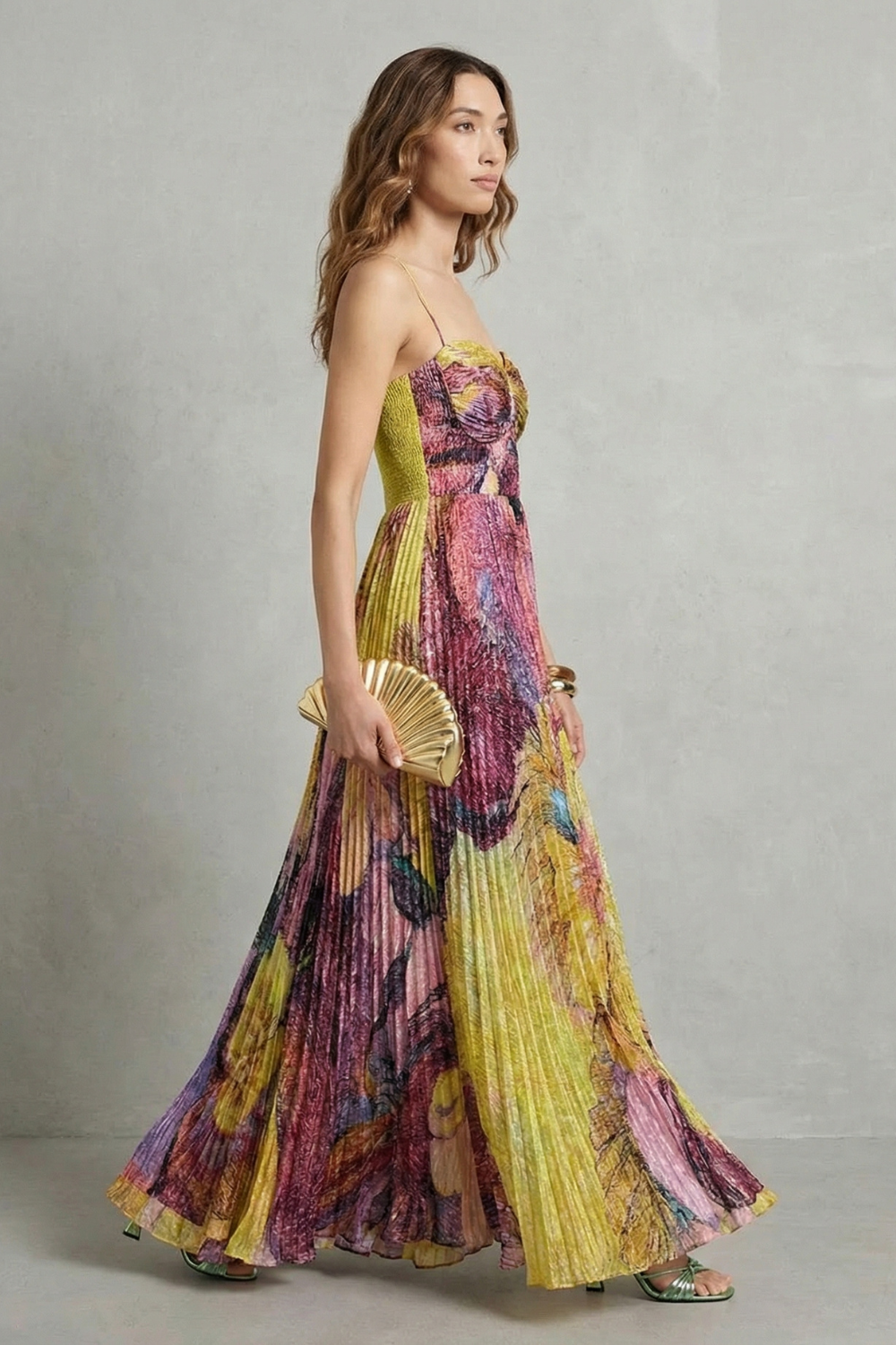 Multicolor floral pleated maxi dress with spaghetti straps, side view