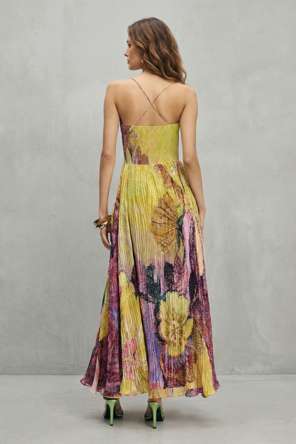 Multicolor floral pleated maxi dress with cross-back spaghetti straps, open back