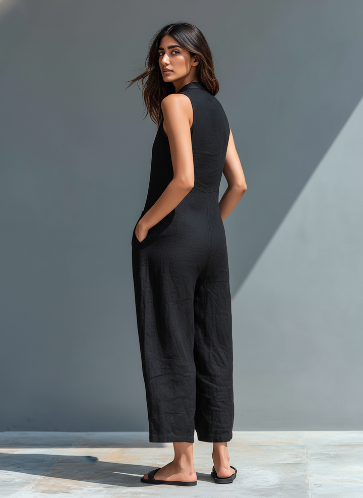 Sleeveless utility jumpsuit, black, side view with button placket and wide ankle-length legs