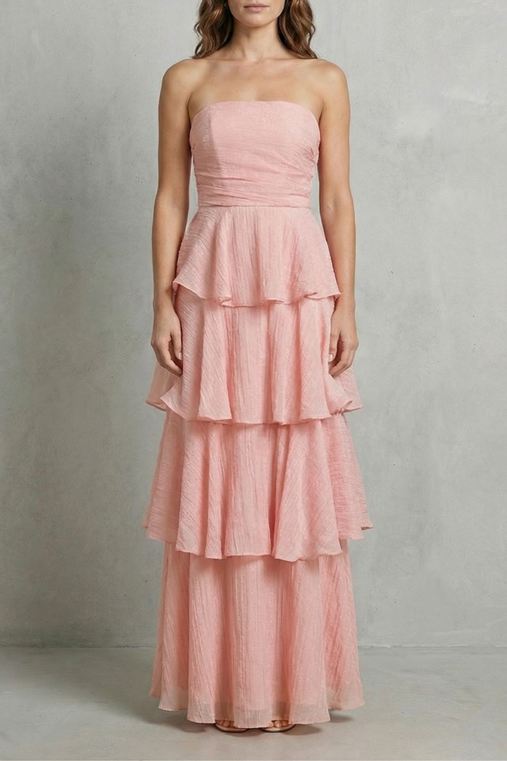 Light pink strapless tiered maxi dress with layered ruffle skirt